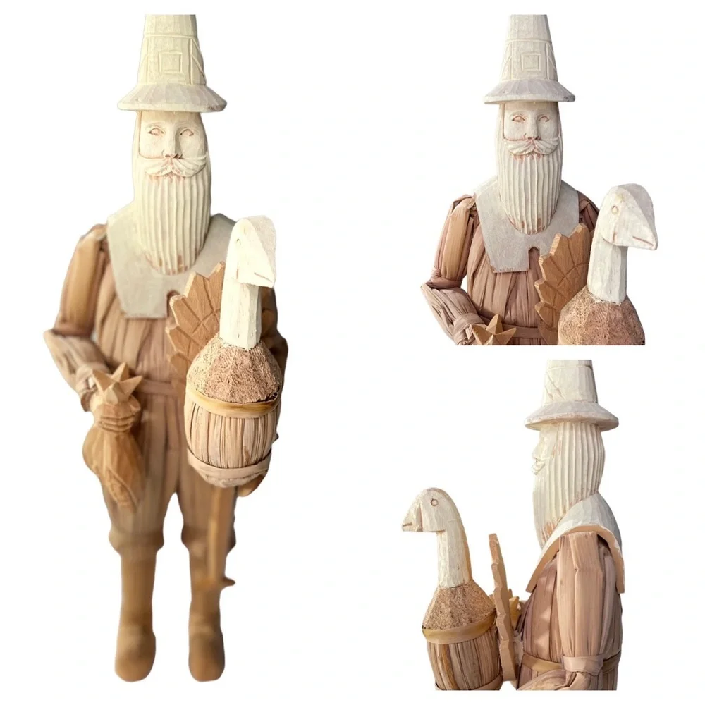 Vintage Cornhusk & Carved Wood 17” Male & 16” Female Pilgrim Figures - Picture 7 of 14